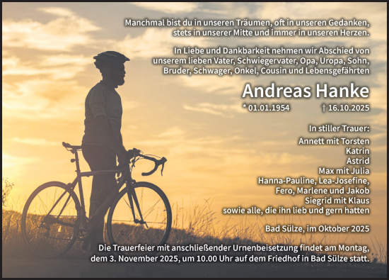 Traueranzeige von Andreas Hanke von Ostsee-Zeitung GmbH