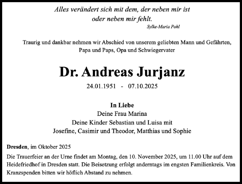  Traueranzeige für Andreas Jurjanz vom 18.10.2025 aus Sächsische Zeitung