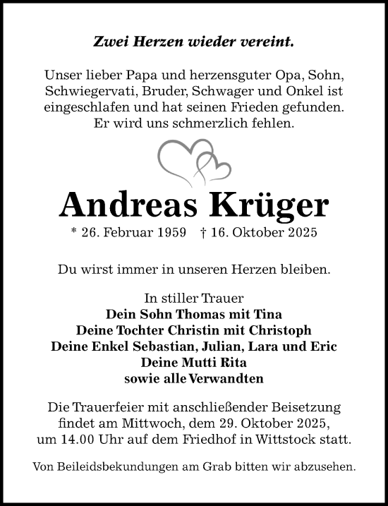 Traueranzeige von Andreas Krüger von Wochenspiegel