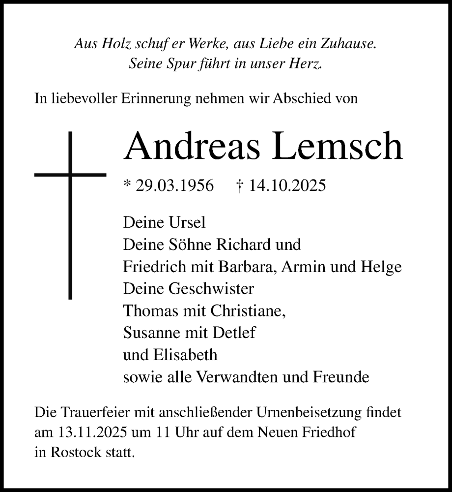  Traueranzeige für Andreas Lemsch vom 25.10.2025 aus Ostsee-Zeitung GmbH
