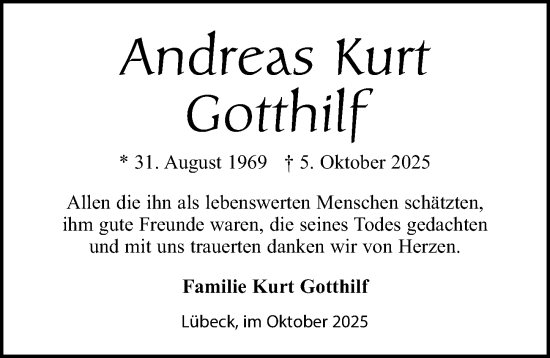 Traueranzeige von Andreas Kurt Gotthilf von Lübecker Nachrichten