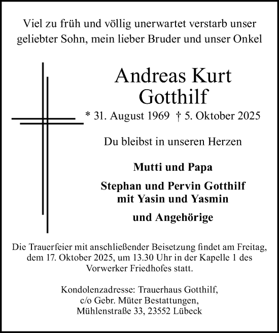 Traueranzeige von Andreas Kurt Gotthilf von Lübecker Nachrichten