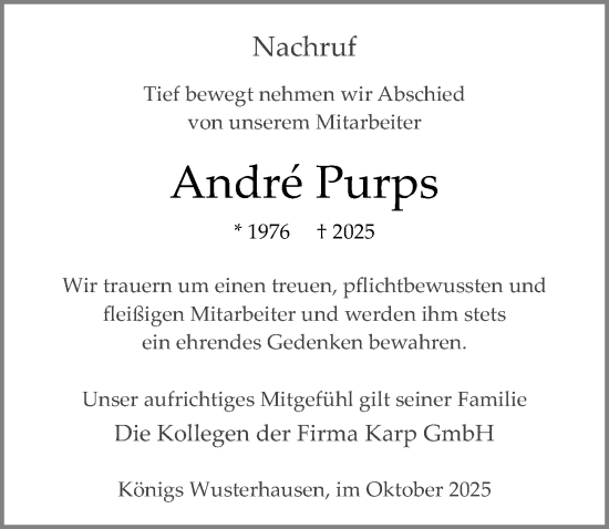 Traueranzeige von André Purps von Märkischen Allgemeine Zeitung