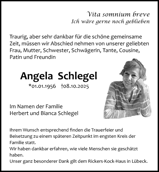 Traueranzeige von Angela Schlegel von Lübecker Nachrichten