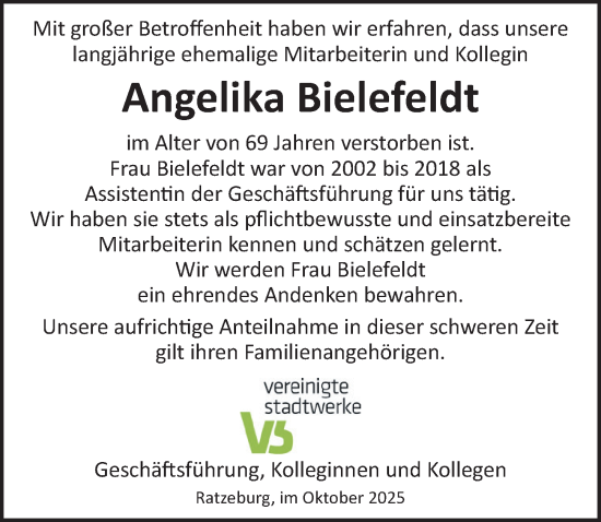 Traueranzeige von Angelika Bielefeldt von Lübecker Nachrichten