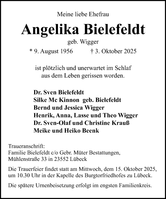 Traueranzeige von Angelika Bielefeldt von Lübecker Nachrichten