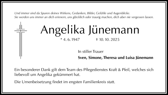 Traueranzeige von Angelika Jünemann von Täglicher Anzeiger Holzminden