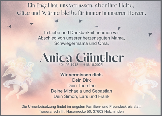 Traueranzeige von Anica Günther von Täglicher Anzeiger Holzminden