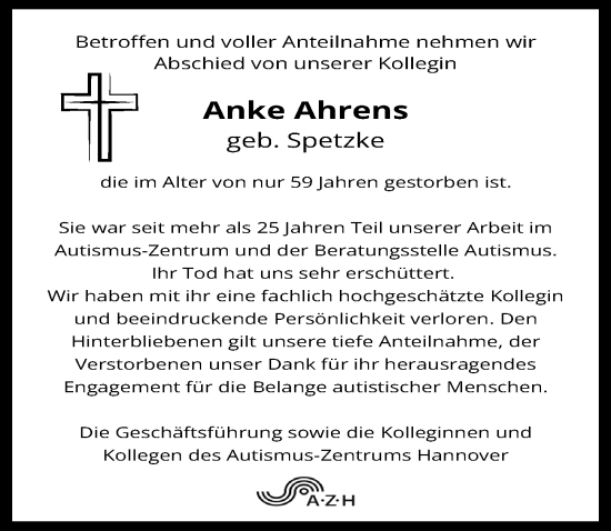 Traueranzeige von Anke Ahrens von Hannoversche Allgemeine Zeitung/Neue Presse