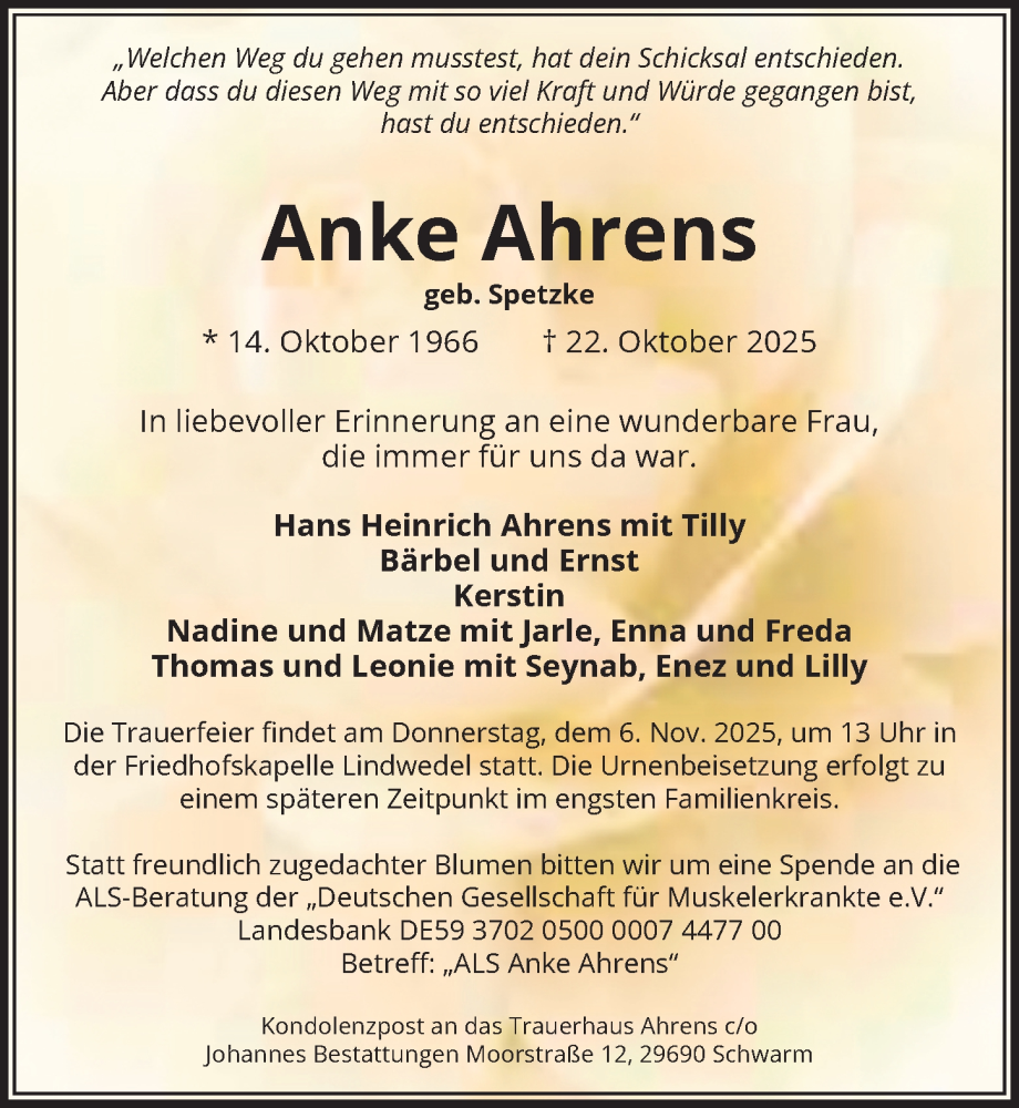  Traueranzeige für Anke Ahrens vom 01.11.2025 aus Hannoversche Allgemeine Zeitung/Neue Presse