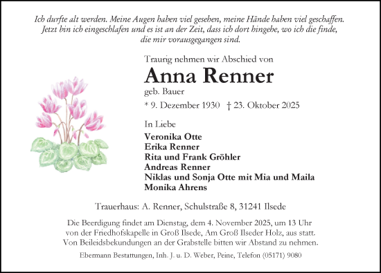 Traueranzeige von Anna Renner von Peiner Allgemeine Zeitung
