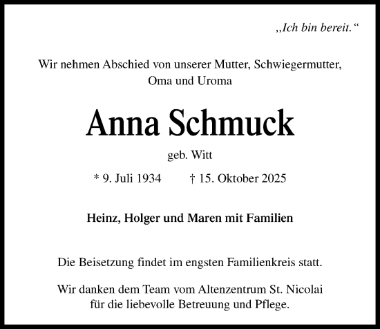 Traueranzeige von Anna Schmuck von Kieler Nachrichten