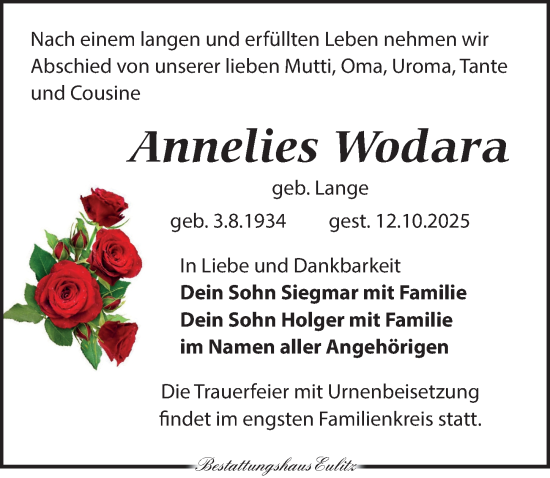Traueranzeige von Annelies Wodara von Torgauer Zeitung