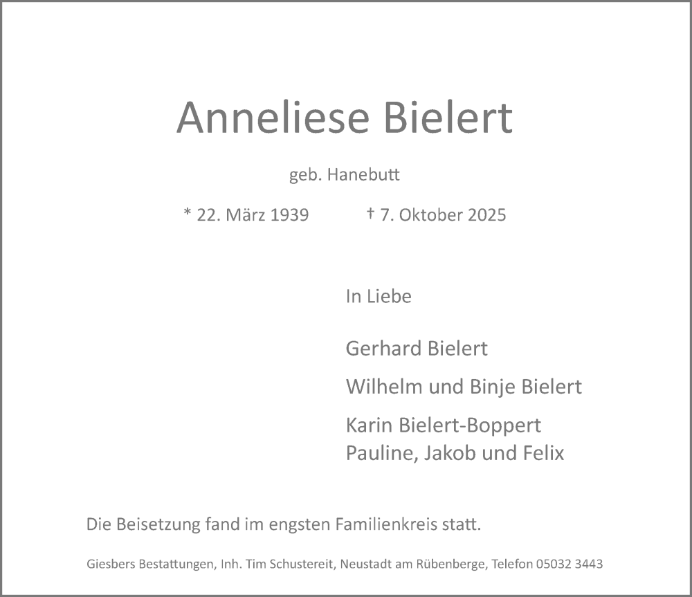  Traueranzeige für Anneliese Bielert vom 18.10.2025 aus Hannoversche Allgemeine Zeitung/Neue Presse