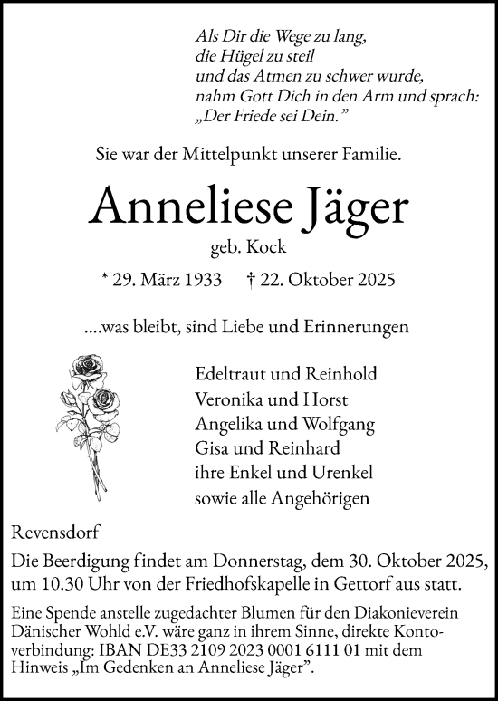 Traueranzeige von Anneliese Jäger von Kieler Nachrichten