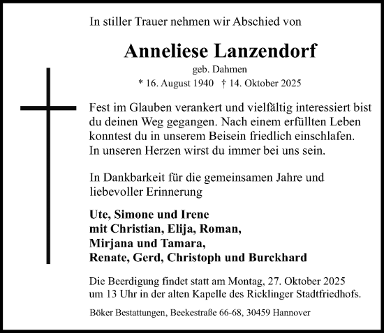 Traueranzeige von Anneliese Lanzendorf von Hannoversche Allgemeine Zeitung/Neue Presse