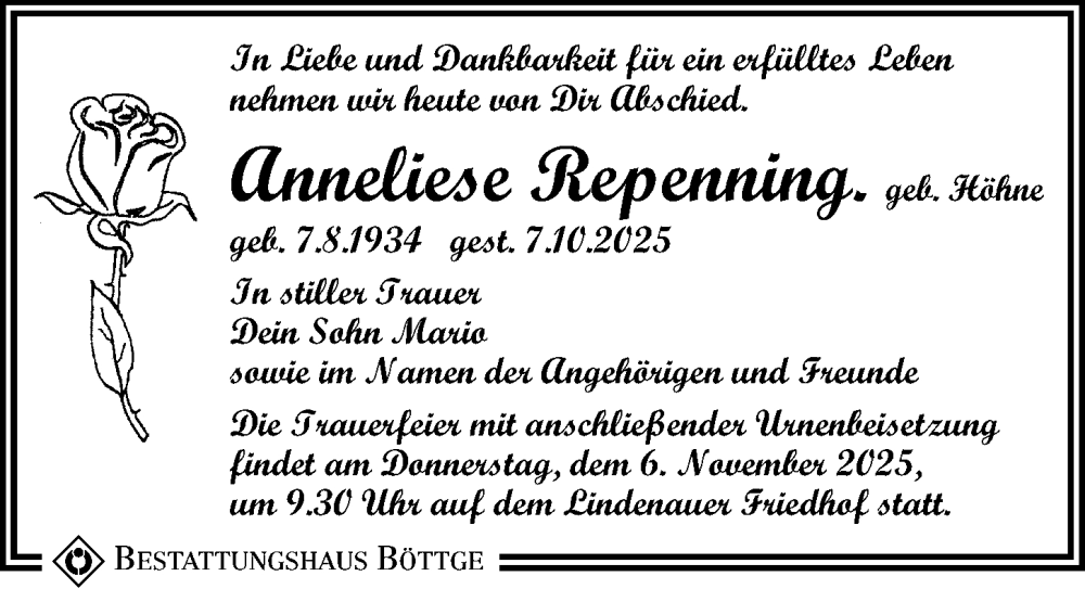  Traueranzeige für Anneliese Repenning vom 25.10.2025 aus Leipziger Volkszeitung