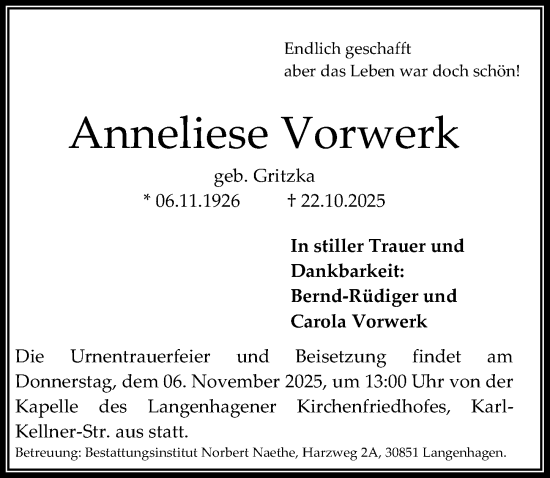 Traueranzeige von Anneliese Vorwerk von Hannoversche Allgemeine Zeitung/Neue Presse