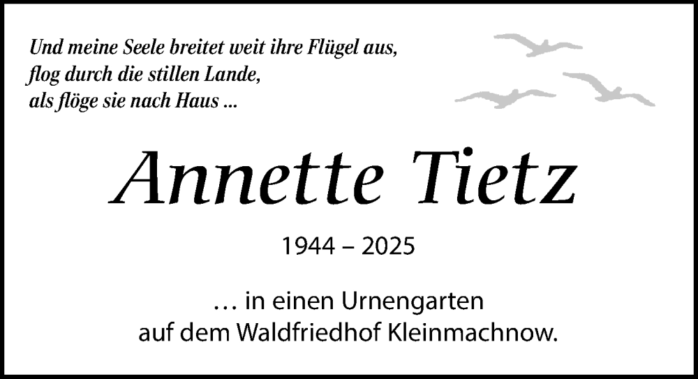  Traueranzeige für Annette Tietz vom 01.11.2025 aus Märkischen Allgemeine Zeitung