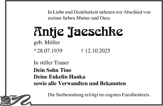 Traueranzeige von Antje Jaeschke von Ostsee-Zeitung GmbH