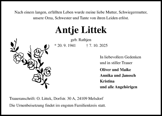 Traueranzeige von Antje Littek von Kieler Nachrichten