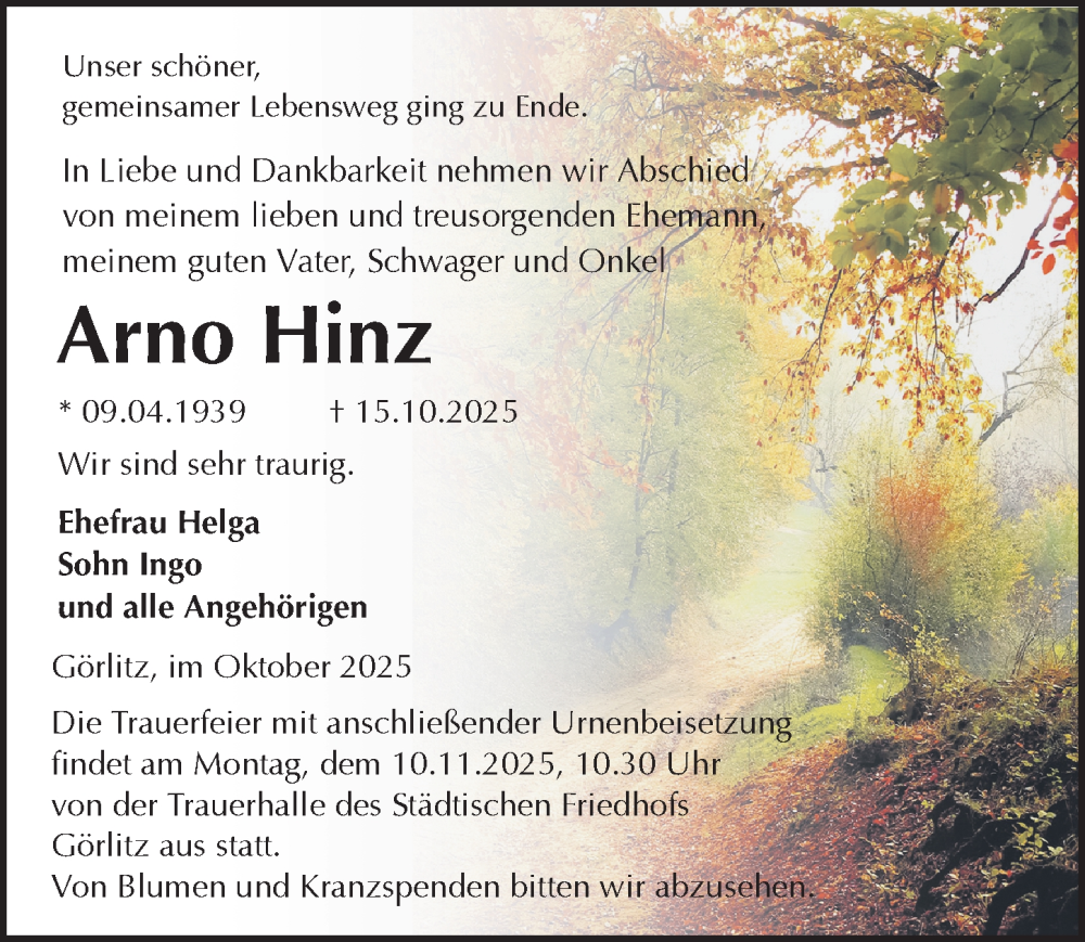  Traueranzeige für Arno Hinz vom 01.11.2025 aus Sächsische Zeitung