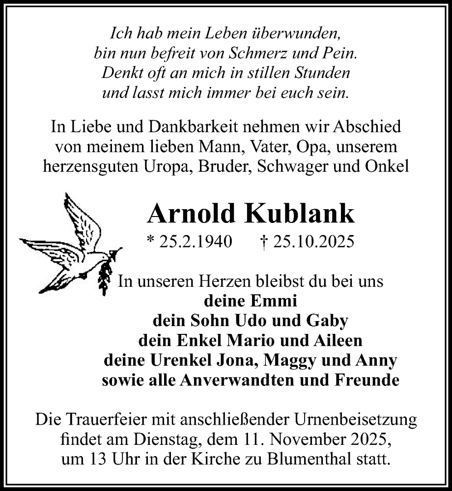  Traueranzeige für Arnold Kublank vom 01.11.2025 aus Wochenspiegel