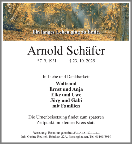 Traueranzeige von Arnold Schäfer von Hannoversche Allgemeine Zeitung/Neue Presse