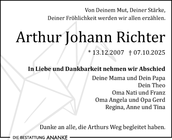Traueranzeige von Arthur Johann Richter von Leipziger Volkszeitung
