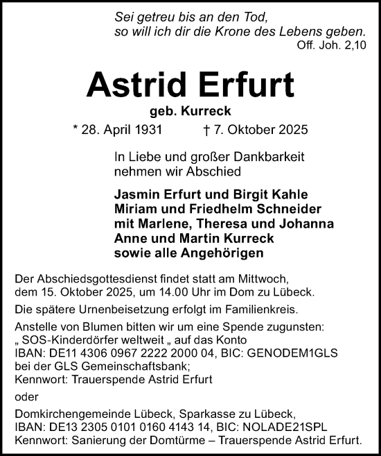 Traueranzeige von Astrid Erfurt von Lübecker Nachrichten
