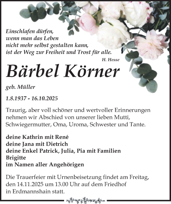 Traueranzeige von Bärbel Körner von Leipziger Volkszeitung