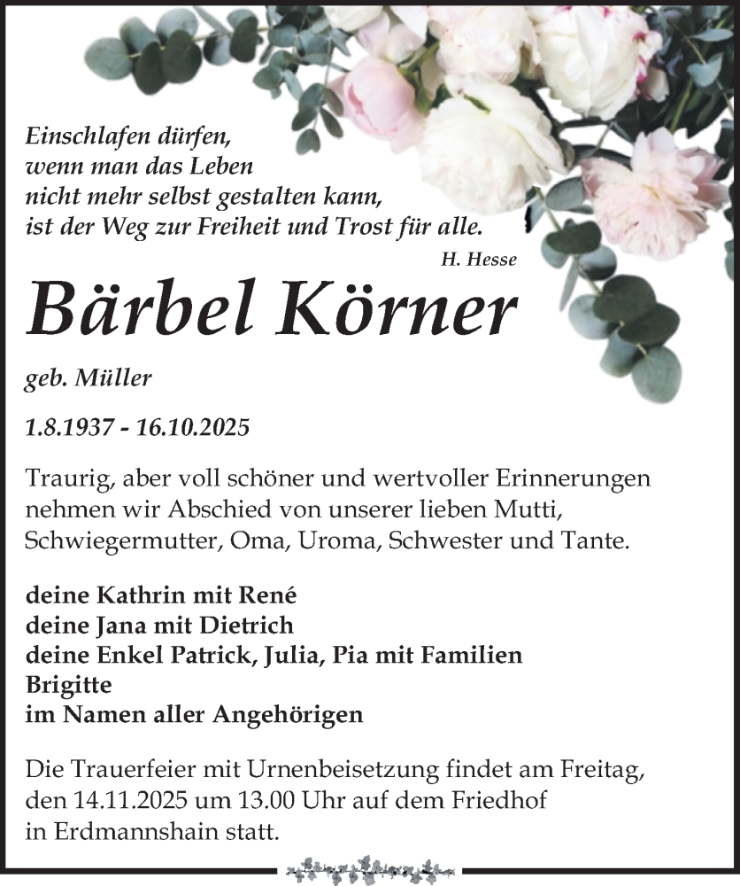 Traueranzeige für Bärbel Körner vom 25.10.2025 aus Leipziger Volkszeitung