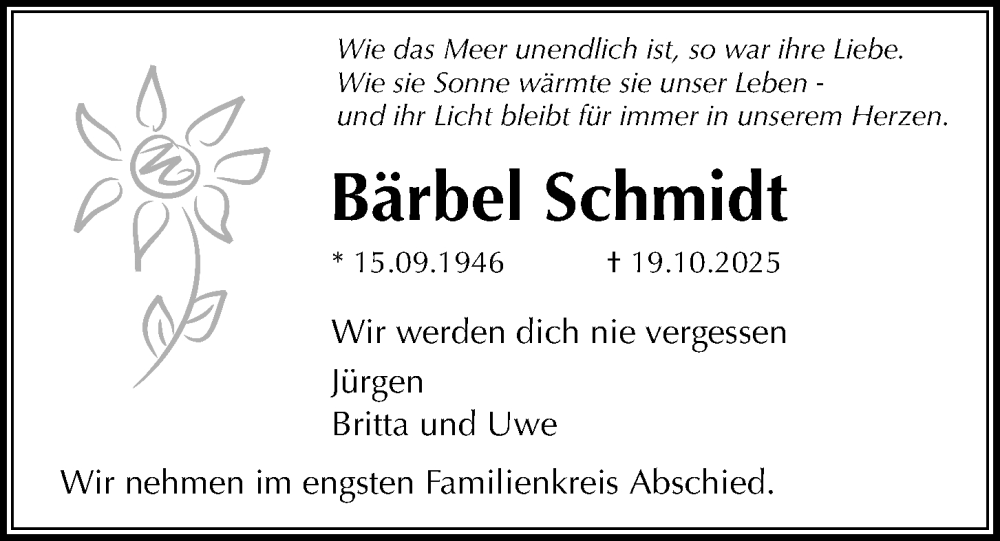  Traueranzeige für Bärbel Schmidt vom 01.11.2025 aus Kieler Nachrichten