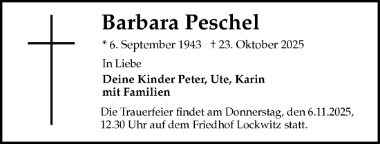 Traueranzeige von Barbara Peschel von Sächsische Zeitung
