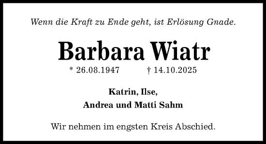 Traueranzeige von Barbara Wiatr von Kieler Nachrichten