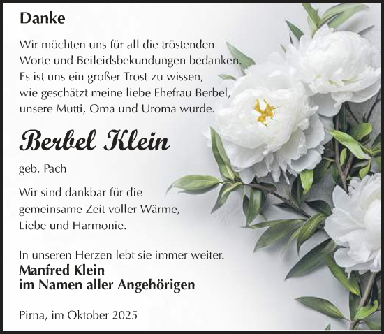 Traueranzeige von Berbel Klein von Sächsische Zeitung
