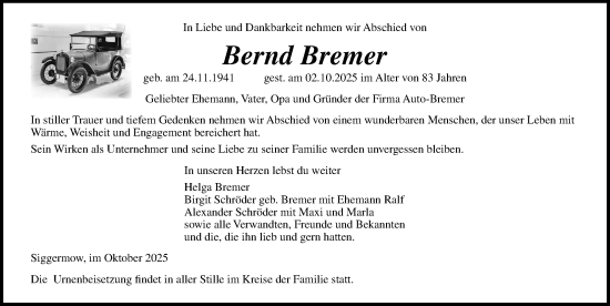 Traueranzeige von Bernd Bremer von Ostsee-Zeitung GmbH