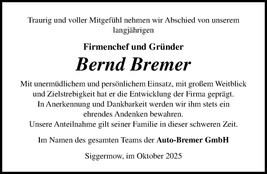 Traueranzeige von Bernd Bremer von Ostsee-Zeitung GmbH