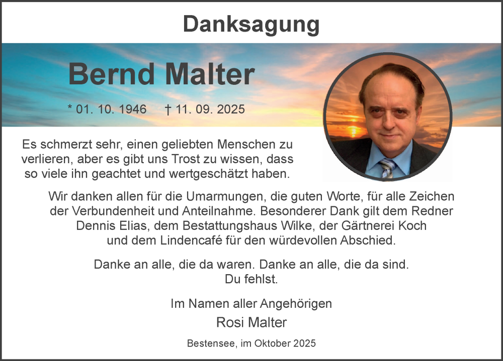  Traueranzeige für Bernd Malter vom 25.10.2025 aus Märkischen Allgemeine Zeitung