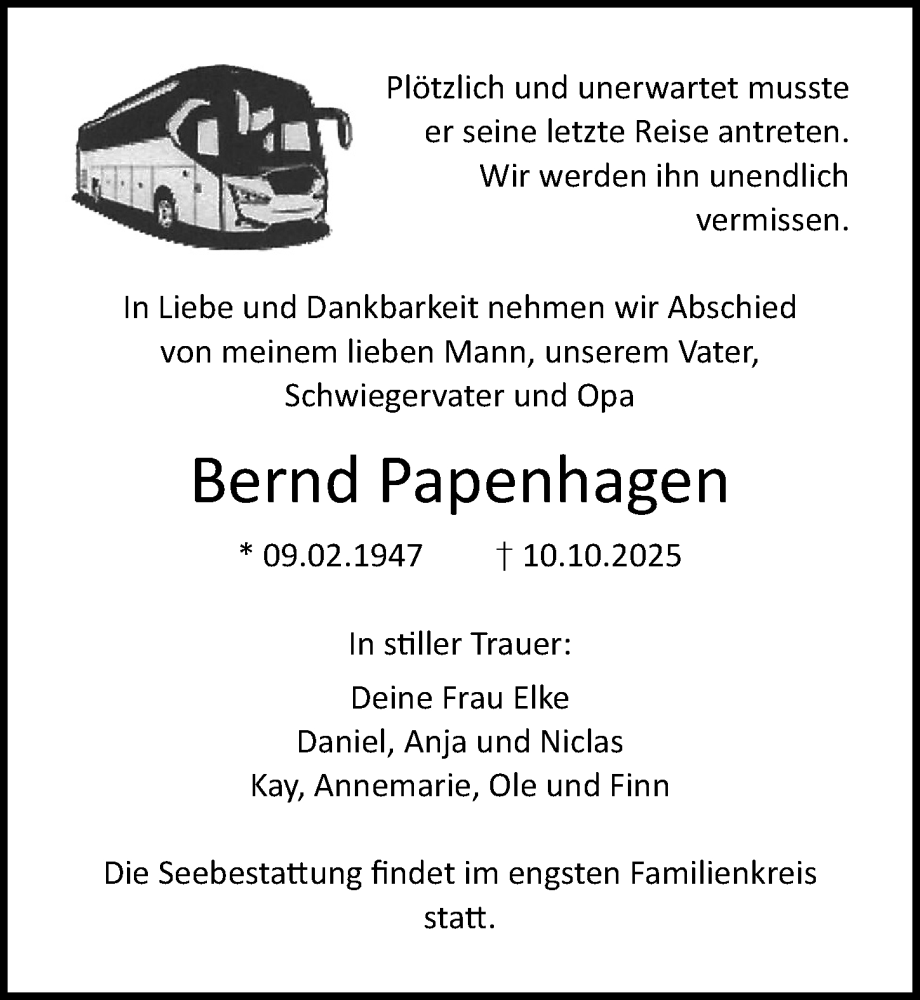 Traueranzeige für Bernd Papenhagen vom 18.10.2025 aus Ostsee-Zeitung GmbH