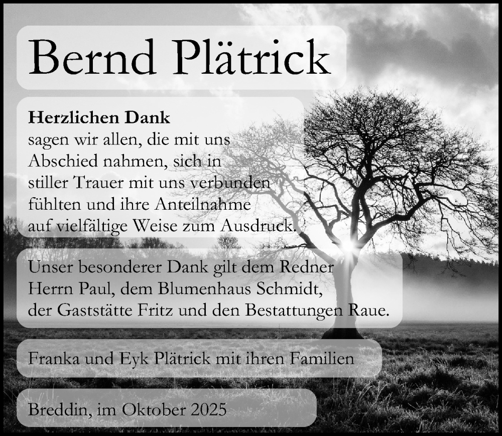  Traueranzeige für Bernd Plätrick vom 25.10.2025 aus Wochenspiegel