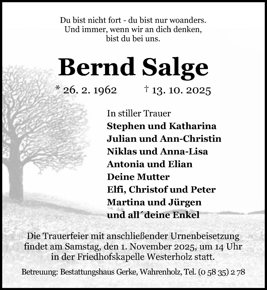  Traueranzeige für Bernd Salge vom 25.10.2025 aus Aller Zeitung
