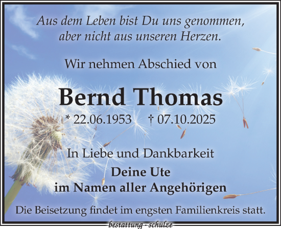 Traueranzeige von Bernd Thomas von Leipziger Volkszeitung