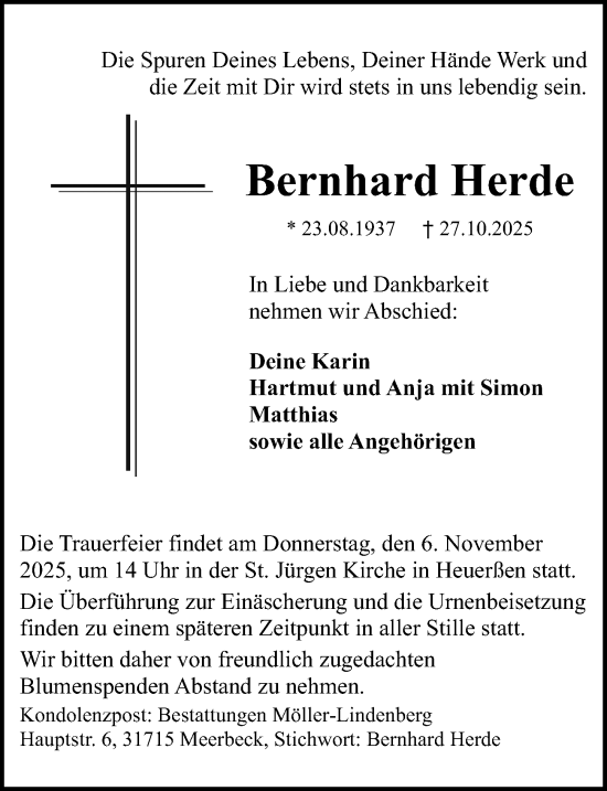 Traueranzeige von Bernhard Herde von Schaumburger Nachrichten