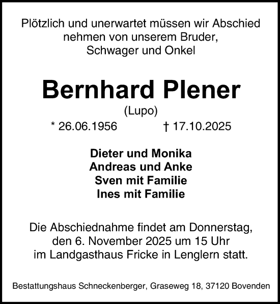 Traueranzeige von Bernhard Plener von Göttinger Tageblatt
