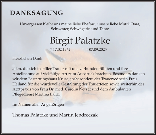 Traueranzeige von Birgit Palatzke von Ostsee-Zeitung GmbH
