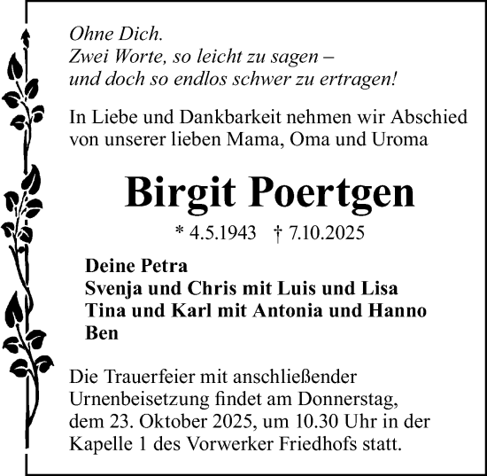 Traueranzeige von Birgit Poertgen von Lübecker Nachrichten
