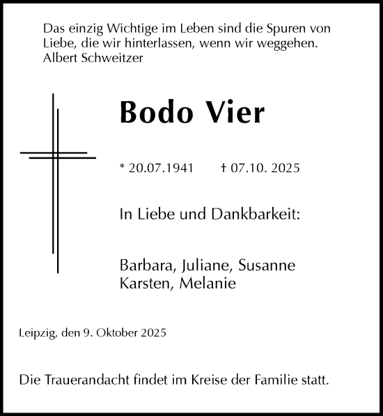 Traueranzeige von Bodo Vier von Leipziger Volkszeitung