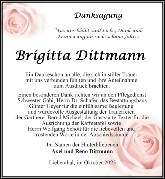 Traueranzeige von Brigitta Dittmann von Wochenspiegel