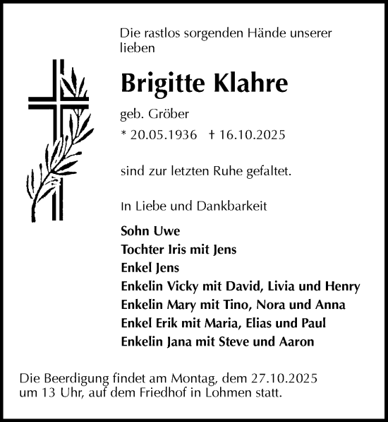 Traueranzeige von Brigitte Klahre von Sächsische Zeitung
